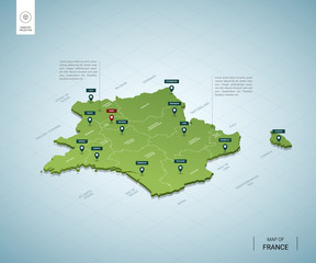 Wall Mural - stylized map of france. isometric 3d green map with cities, borders, capital paris, regions. vector 