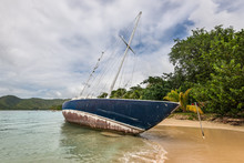 Sainte-Anne, Martinique, FWI - Abandoned Beached Sailboat In Pointe Marin Beach
