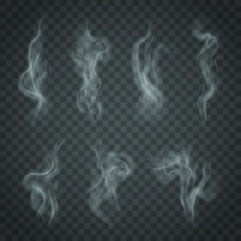 Set Of Isolated Smoke On A Transparent Background. White Steam From A Cup Of Coffee Or Tea