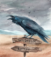 Watercolor Illustration Of  A Deserted Landscape With A Raven On The Wooden Road Sign