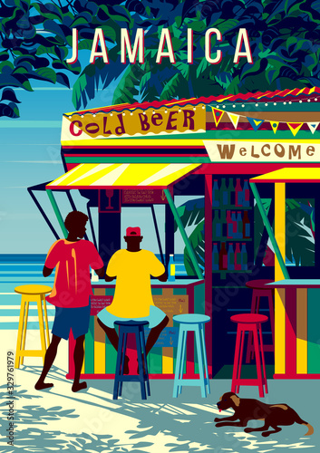 Jamaica island landscape with people in a traditional beach bar, palm trees and the sea in the background Poster Mural XXL