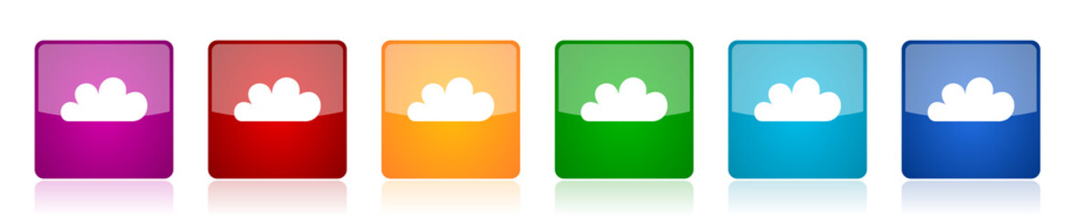 Poster - Cloud icon set, colorful square glossy vector illustrations in 6 options for web design and mobile applications