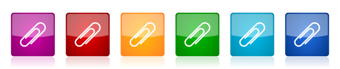 Poster - Paperclip icon set, colorful square glossy vector illustrations in 6 options for web design and mobile applications