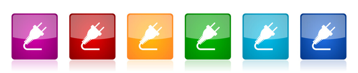 Leinwandbilder - Plug icon set, colorful square glossy vector illustrations in 6 options for web design and mobile applications
