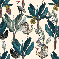Naklejka na meble Seamless Pattern Navy Blue Palms with Cranes and Sloth, Exotic Wallpaper Design, Banana Trees with Wildlife Birds Textile Design