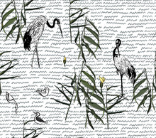 Pond With Lotus Flowers And Water Plants, Japanese Crane, Exotic Birds In Water Oriental Seamless Pattern