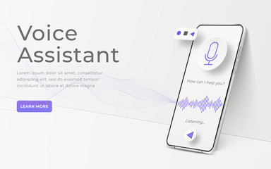 White realistic 3d smartphone. Voice assistant concept. Mobile app infographic template with buttons and audio waves. Interface for audio control illustration