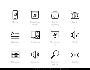 Wall Mural - Music Stream Service icons. Music in Web, Radio, on TV, Devices, Search Tracks. Editable line vector set