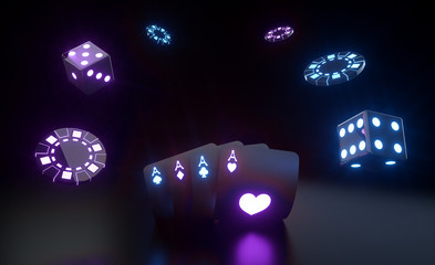 Casino Gambling Concept With Futuristic Purple And Blue Neon Lights - 3D Illustration