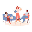 Group of woman sitting on sofa and listening to girl reading book. Books lover club vector landing page