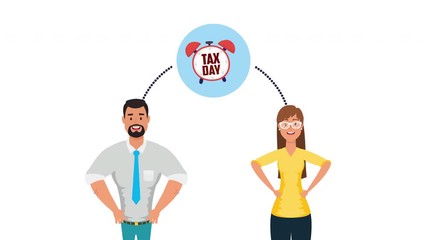 Poster - tax day animation with business couple and alarm clock