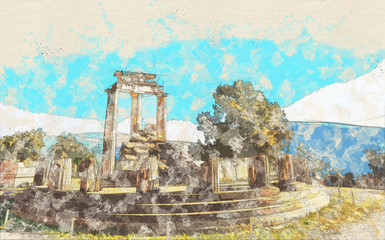 Wall Mural - Vintage postcard sketch of ruins Athina Pronaia temple in Ancient Delphi, Greece