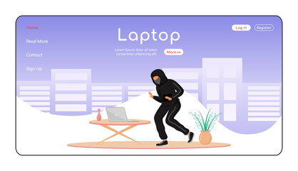 Poster - Laptop theft landing page flat color vector template. Private property thievery. Burglar tiptoeing in house. Homepage layout. One page website interface with cartoon character. Web banner, webpage