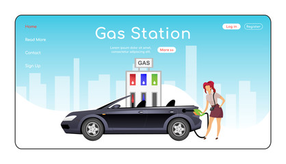 Poster - Gas station landing page flat color vector template. Petrol stations network homepage layout. Car refuel one page website interface with cartoon character. Petroleum sale web banner, webpage