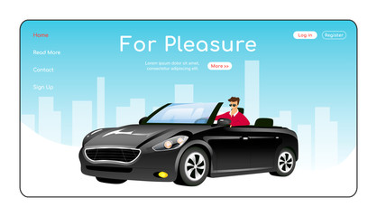 Poster - For pleasure landing page flat color vector template. Auto showroom homepage layout. Luxurious cars sale one page website interface with cartoon character. Recreation transport web banner, webpage