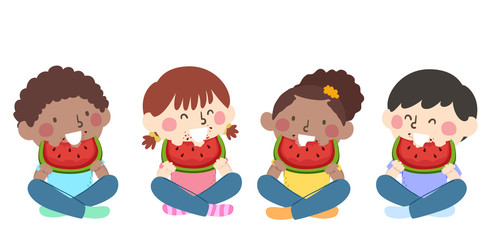 Canvas Print - Kids Eating Watermelon Sitting Down Illustration