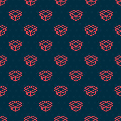 Poster - Red line Carton cardboard box icon isolated seamless pattern on black background. Box, package, parcel sign. Delivery and packaging. Vector Illustration