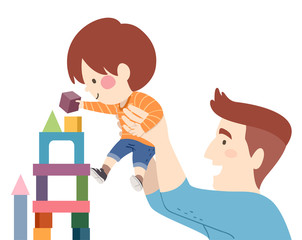 Sticker - Kid Boy Dad Man Building Blocks Illustration