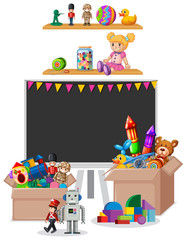 Poster - Shelf full of books and toys on white background