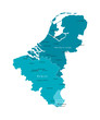 Vector modern isolated illustration. Simplified political map of states of Benelux Union. Blue shapes. Names of largest cities of Belgium, Netherlands, Luxembourg