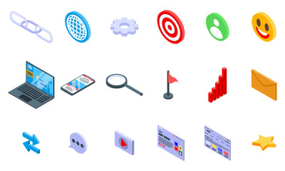 Poster - Backlink strategy icons set. Isometric set of backlink strategy vector icons for web design isolated on white background