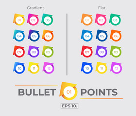 Colorful Gradient And Flat House or Arrow Icon Bullet Points Set Collection With Number From One Twelve. Vector. EPS 10