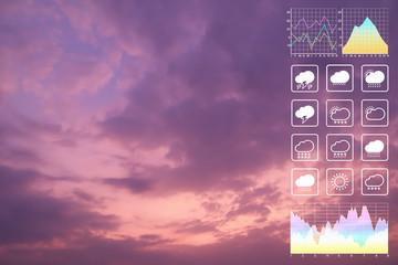Wall Mural - weather forecast symbol data presentation with graph and chart on dramatic atmosphere panorama view 