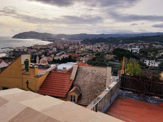 Cervo Ligure, Italy - 02/15/2020: Travelling around the Riviera Ligure in winter days. Beautiful photography of the small vilagges near the sea with typical old buildings.