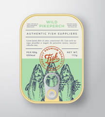 Wall Mural - canned river fish abstract vector aluminium container packaging design or label. modern typography b