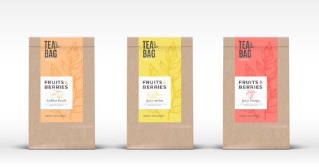 Wall Mural - Craft Paper Bag with Fruit and Berries Tea Labels Set. Abstract Vector Packaging Design Layout with Realistic Shadows. Hand Drawn Peach, Melon and Mango Silhouettes Background.
