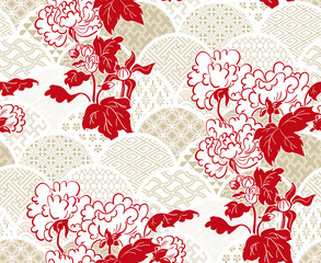 chrisantemum flower traditional kimono pattern vector sketch illustration line art japanese chinese oriental design