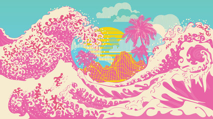 Retro great waves design with palms