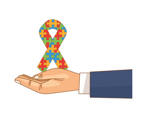 Sticker - hand lifting campaign ribbon with puzzle game pieces