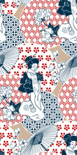 Geisha Girl Fan Umbrella Kimono Circles Japanese Chinese Vector Design Pattern Blue Red