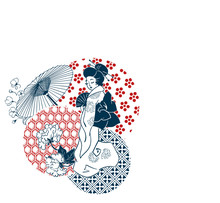 Geisha Woman Umbrella Fan Circles Japanese Chinese Vector Design Pattern Card