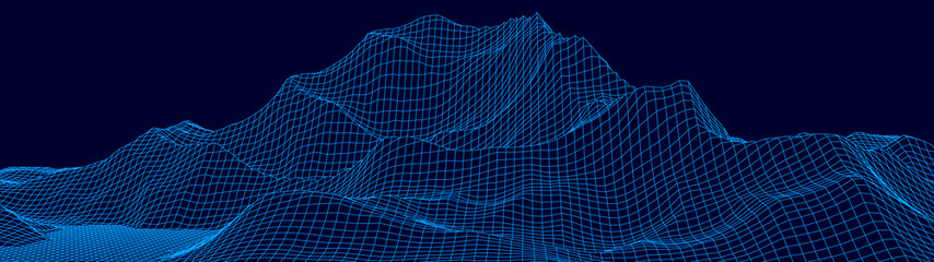 Vector wireframe 3d landscape. Technology grid illustration. Network of connected dots and lines. Futuristic background.