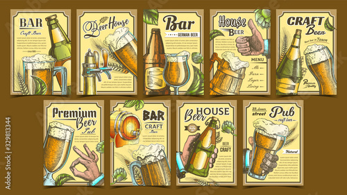 Beer Pub Collection Advertising Posters Set Vector. Wooden Barrel And Glass Cups, Bottles And Bar Faucet, Hops And Wheat On Different Commercial Promotional Banners Tavern. Advertisement Illustrations © PikePicture