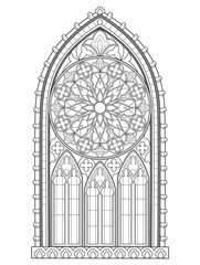 Wall Mural - Beautiful Gothic stained glass window with rose. Medieval architecture in western Europe. Black and white fantasy drawing for coloring book. Worksheet for children and adults. Vector image.