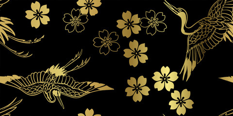 sakura flower bird crane japanese chinese design vector seamless pattern