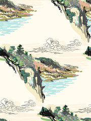 temple nature landscape view vector sketch illustration japanese chinese oriental line art seamless pattern