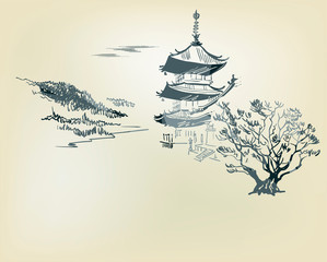 temple nature landscape view vector sketch illustration japanese chinese oriental line art