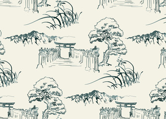 Wall Mural - thorium temple nature landscape view vector sketch illustration japanese chinese oriental line art seamless pattern