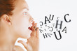 © Aldeca Productions - Woman talking with alphabet letters coming out of her mouth. White background