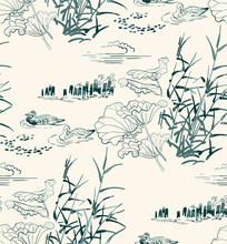 Pond Ducks Burdock Nature Landscape View Vector Sketch Illustration Japanese Chinese Oriental Line Art Ink Seamless Pattern