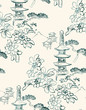toro flower temple mountain nature landscape view vector sketch illustration japanese chinese oriental line art ink seamless pattern