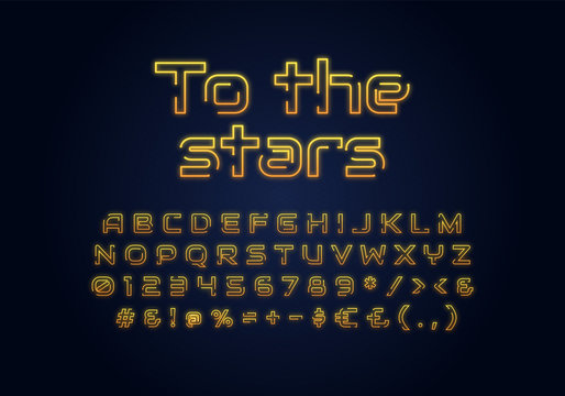 To the stars neon light font template. Yellow illuminated vector alphabet set. Bright capital letters, numbers and symbols with outer glowing effect. Nightlife typography. Cosmic typeface design