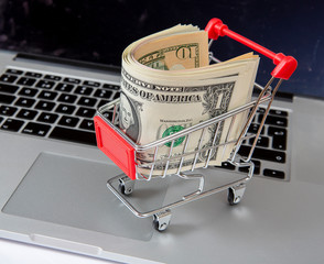 Online shopping concept image with miniature shopping cart and cash on a laptop.