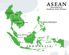 ASEAN Member States, Infographic And Map. Association Of Southeast Asian Nations, A Regional Intergovernmental Organization With 10 Member Countries, Shown With Green Color. Illustration. Vector.