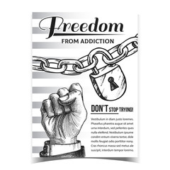 Sticker - Freedom From Addiction Advertising Poster Vector. Steel Chain With Brass Padlock And Man Gesture Fist On Freedom Advertise Banner. Linked Metallic Rings Monochrome Illustration