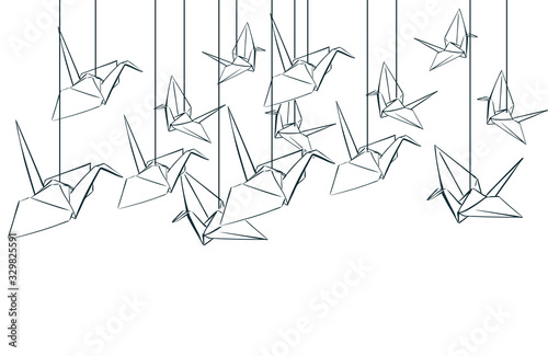 Fotografie, Obraz paper cranes origami japanese chinese oriental vector ink style design elements